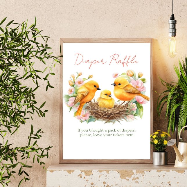 Póster Letrero para rifa de pañales para baby shower de p (Little bird spring baby shower diaper raffle sign hatching soon  ready to hatch cute canary birds)