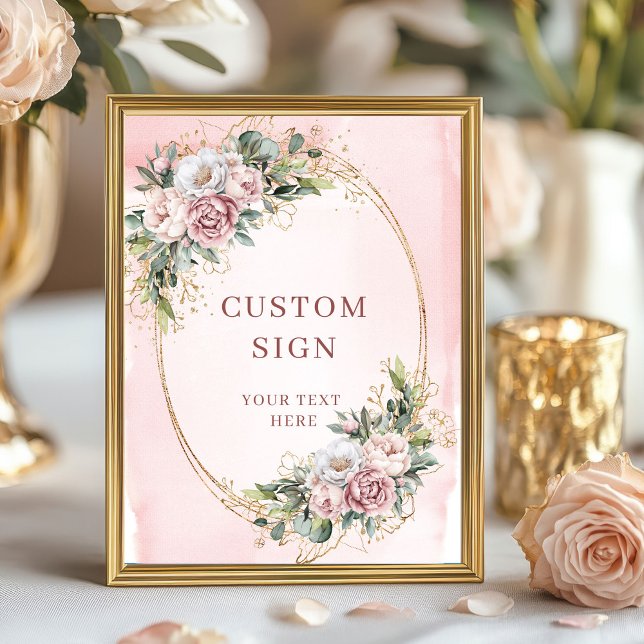 Póster Letrero personalizado de lujo Boho rosa pálido con (Luxury Boho Blush Pink Greenery Custom Sign)