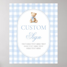 Letrero personalizado de oso de gingham azul