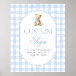 Póster Letrero personalizado de oso de gingham azul
