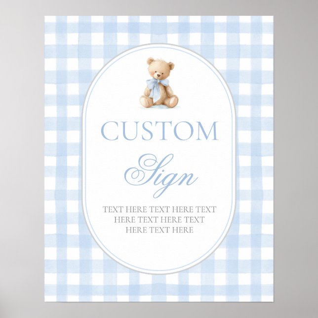Póster Letrero personalizado de oso de gingham azul (Frente)