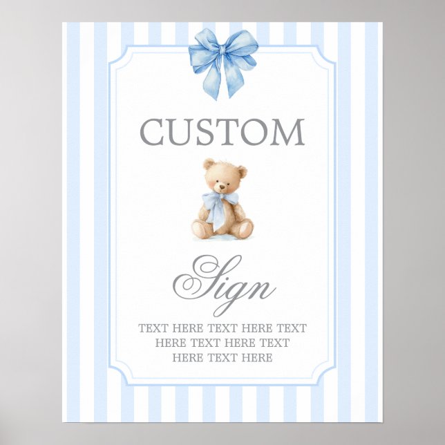 Póster Letrero personalizado de oso de rayas azules (Frente)