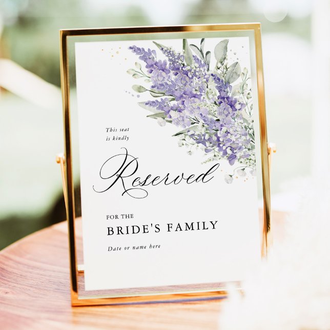 Póster Letrero Reservado Bodas Floral Lavanda & Verde Sal (Lavender sage green floral reserved seating sign for wedding ceremony, elegant watercolor flowers)