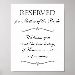 Póster Letrero Reservado Cielo Memorial Madre de la Novia