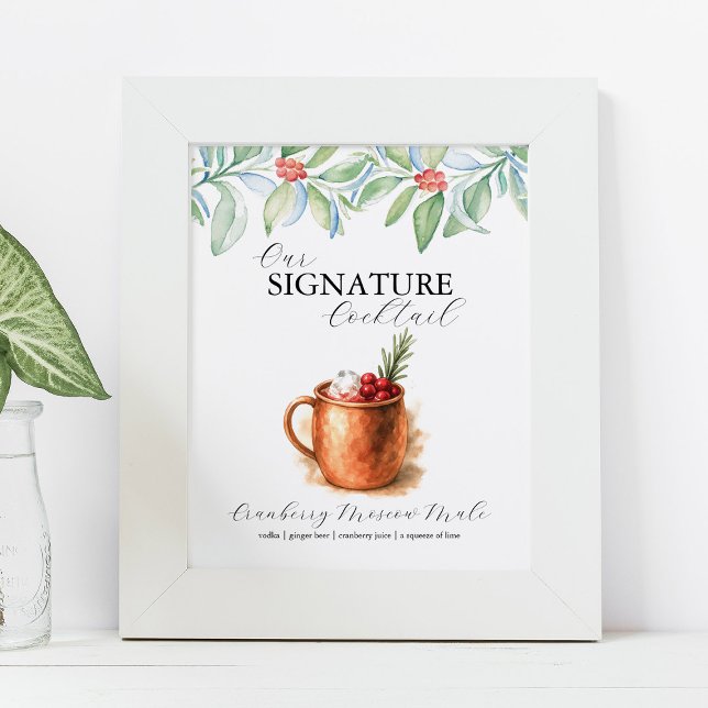 Póster Letreros de barra de cóctel emblemáticos de Navida (Signature cocktail bar sign watercolor cranberry moscow mule by Do Tell A Belle)