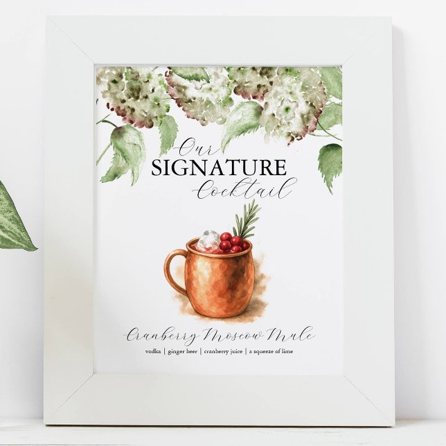 Póster Letreros de barra de cócteles emblemáticos de deco (Green hydrangea wedding decor features a signature cocktail sign. Hand painted art Do Tell A Belle)