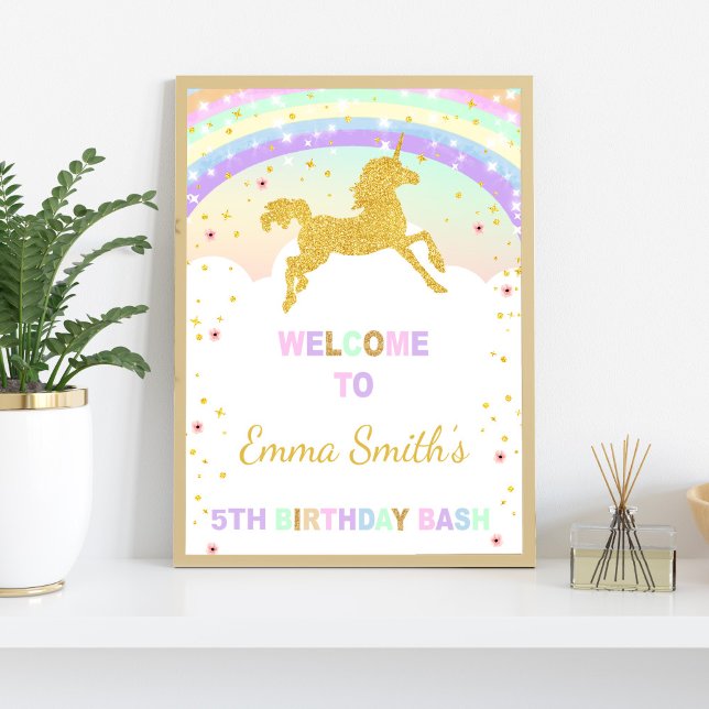 Póster Letreros de bienvenida Gold Unicorn (Running Gold Unicorn Welcome Signs)