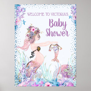 Póster Letreros para Baby Shower de Niña Sirena