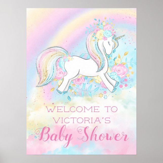 Póster Letreros para Baby Shower de Unicornio Arcoíris (Frente)