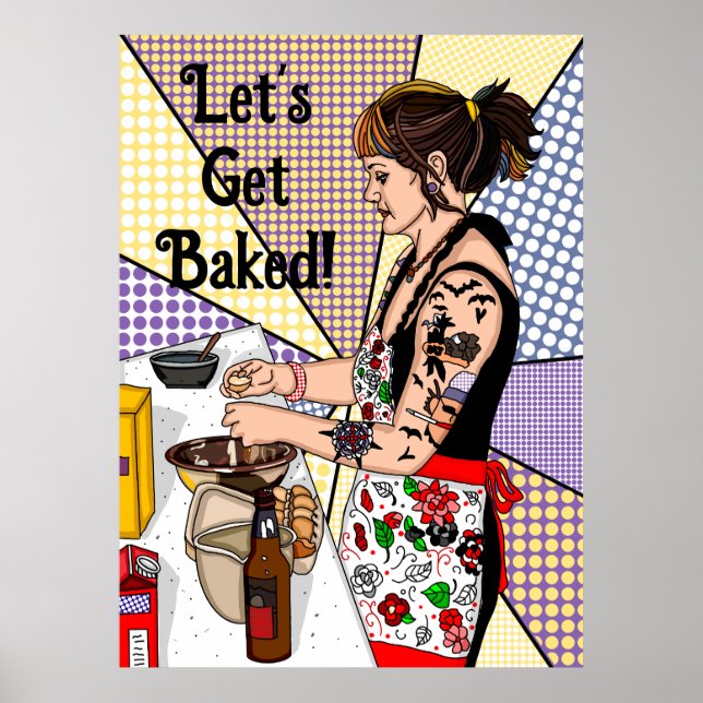 Póster Let's Get Baked Pop Art Tattoo Lady Baking   (Frente)