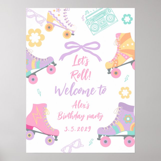 Póster Lets Roll Roller Skate Girl Birthday Welcome (Frente)
