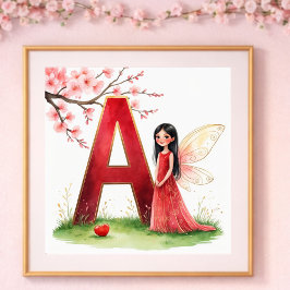 Póster Letter A Fairy Nursery Poster - Cherry Blossoms