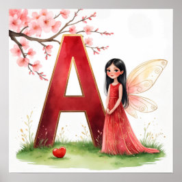 Póster Letter A Fairy Nursery Poster - Cherry Blossoms