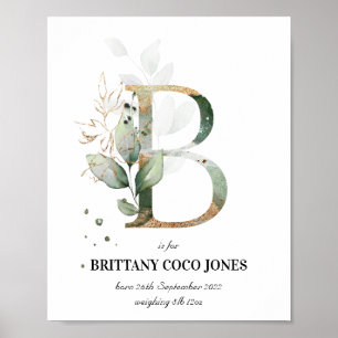 Póster Letter B New Baby Monogram Birth Print Greenery