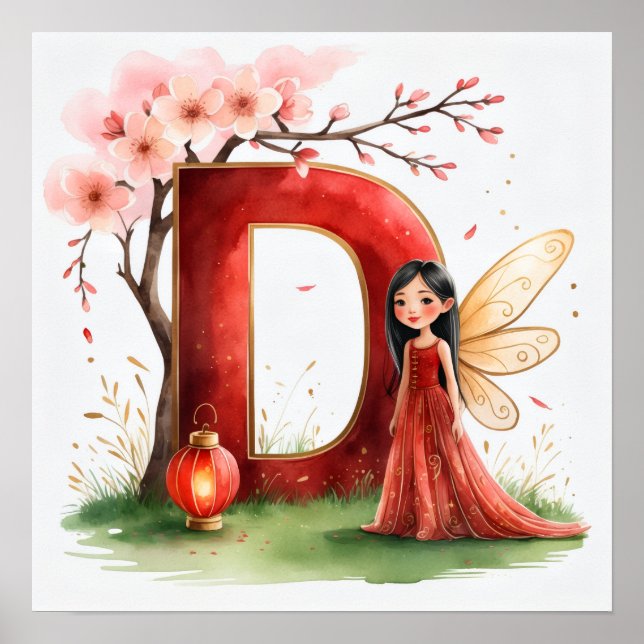 Póster  Letter D Chinese Lantern Fairy Poster Nursery Art (Frente)