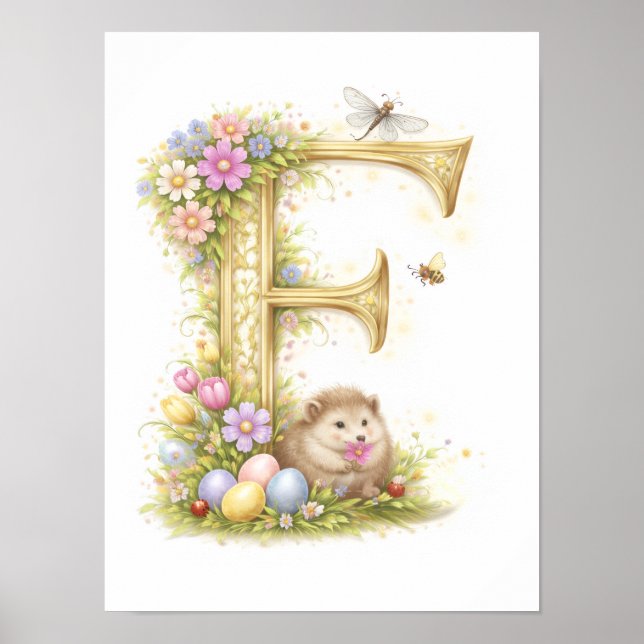 Póster Letter F Gold Spring Nature Monogram Hedgehog Kids (Frente)