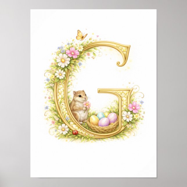 Póster Letter G Gold Spring Nature Monogram Chipmunk Kids (Frente)