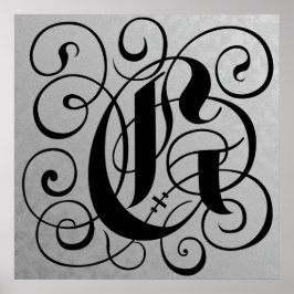 Póster Letter G, Gothic Monogram Black Poster