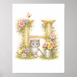 Póster Letter H Gold Spring Nature Monogram Kitten Kids
