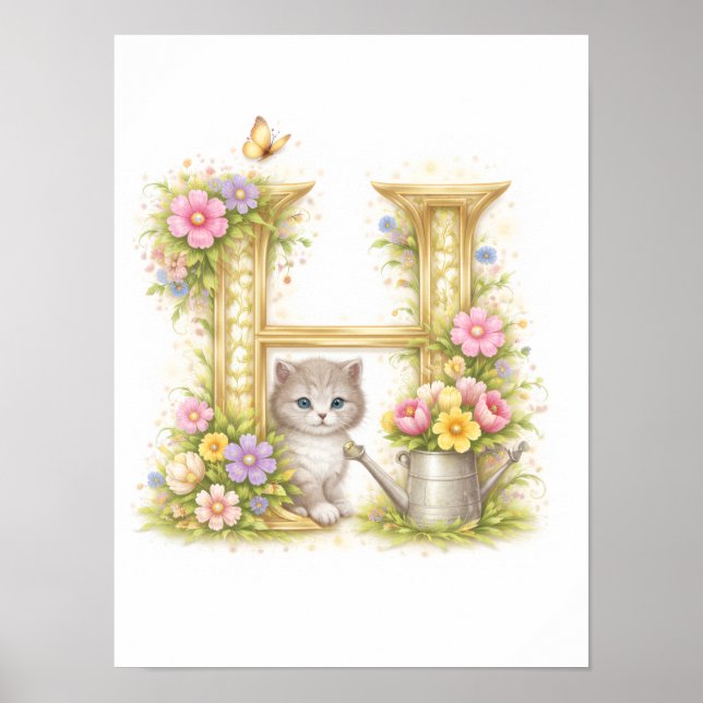 Póster Letter H Gold Spring Nature Monogram Kitten Kids  (Frente)