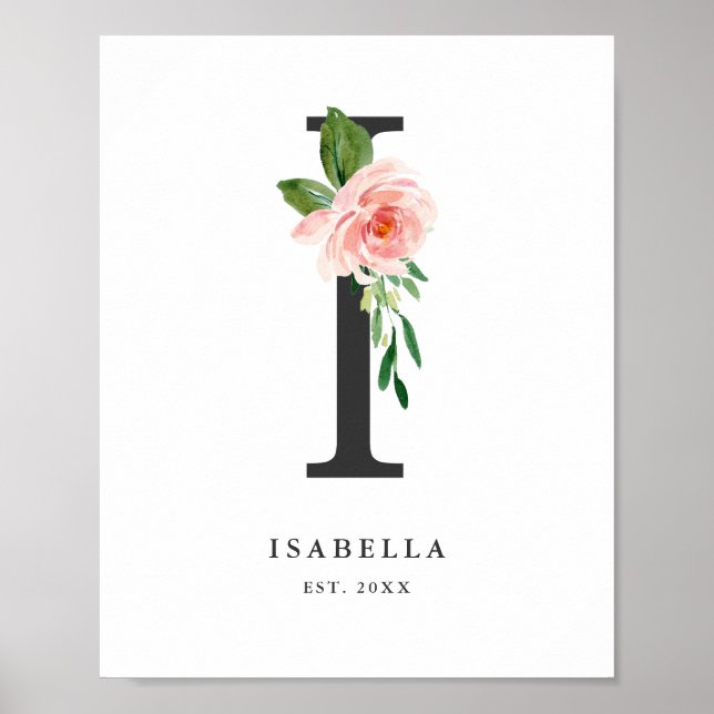 Póster Letter I Monogram Watercolor Peach Florals Nursery (Frente)