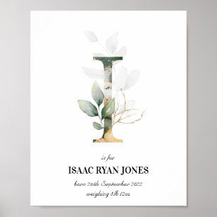 Póster Letter I New Baby Monogram Birth Print Greenery