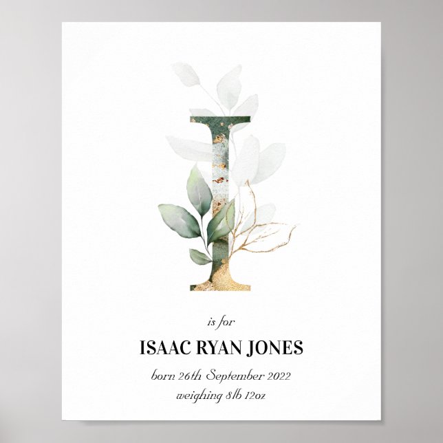 Póster Letter I New Baby Monogram Birth Print Greenery (Frente)