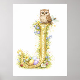 Póster Letter J Gold Spring Nature Monogram Owl Kids