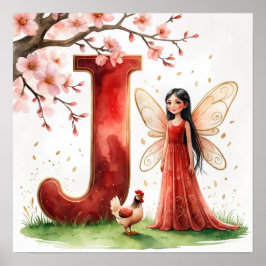 Póster Letter J Rooster Cherry Blossom Fairy Poster Art