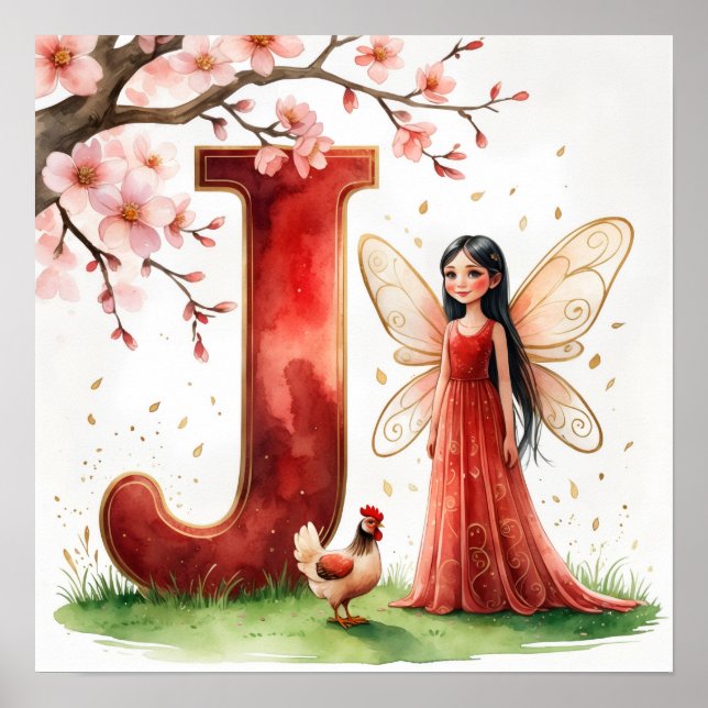 Póster Letter J Rooster Cherry Blossom Fairy Poster Art (Frente)