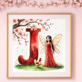 Póster Letter J Rooster Cherry Blossom Fairy Poster Art
