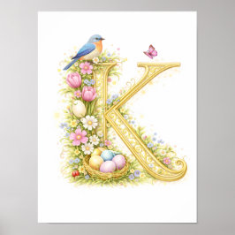 Póster Letter K Gold Spring Nature Monogram Bluebird Kids