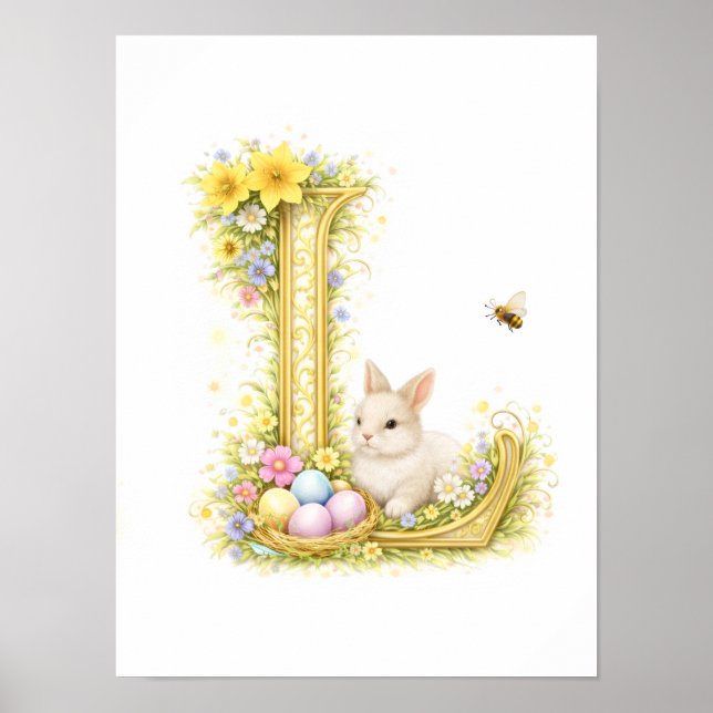 Póster Letter L Gold Spring Nature Monogram White Bunny (Frente)