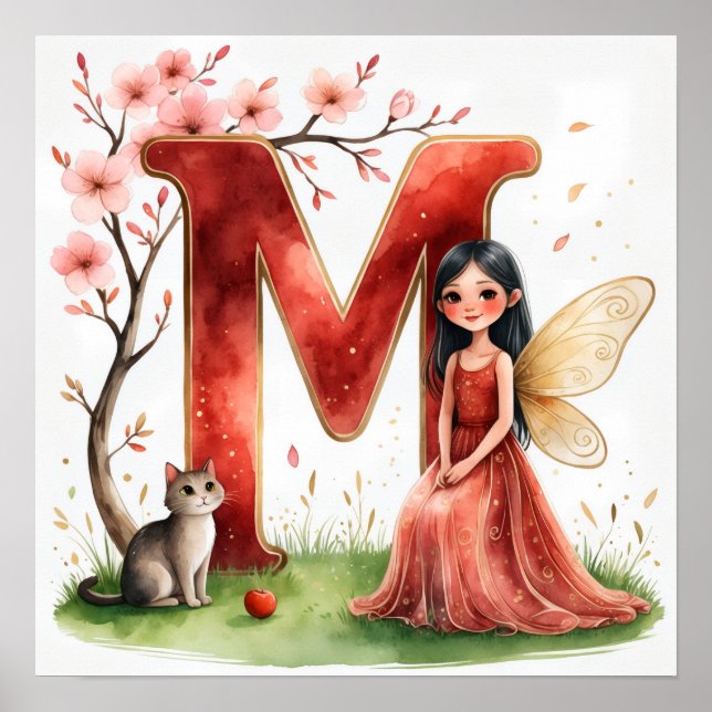 Póster Letter M Cat Fairy Poster Feline Pet Alphabet Art (Frente)