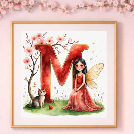 Póster Letter M Cat Fairy Poster Feline Pet Alphabet Art