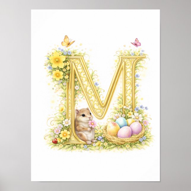 Póster Letter M Gold Spring Nature Monogram Chipmunk Kids (Frente)