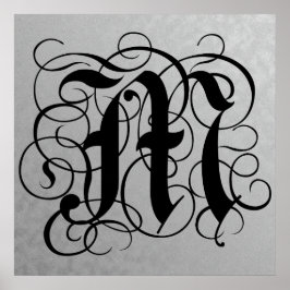 Póster Letter M, Gothic Monogram Black Poster