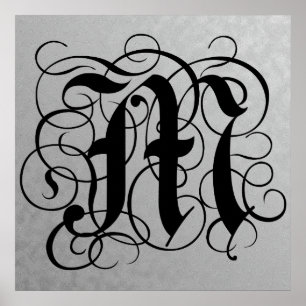 Póster Letter M, Gothic Monogram Black Poster