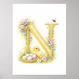 Póster Letter N Gold Spring Nature Monogram Duckling Kids