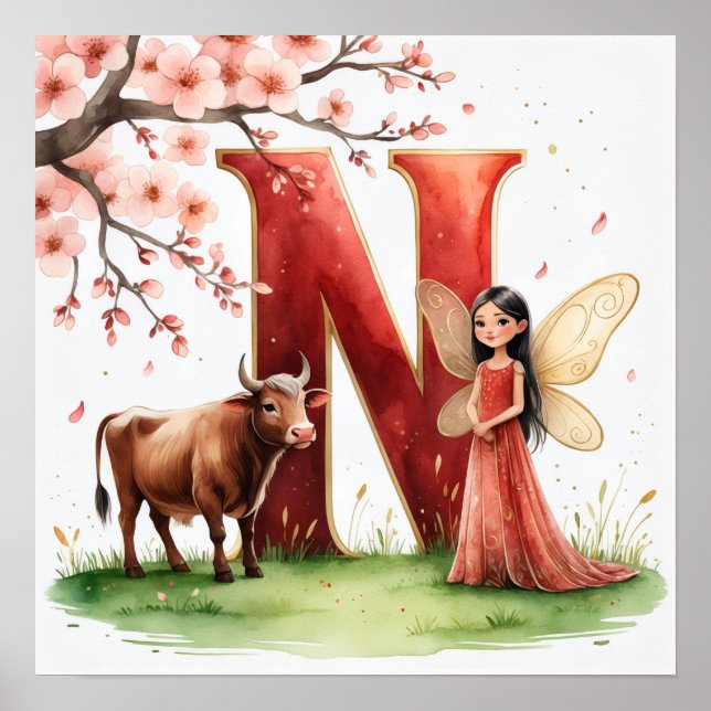Póster Letter N Ox Fairy Poster - Cherry Blossom Art (Frente)