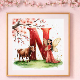 Póster Letter N Ox Fairy Poster - Cherry Blossom Art
