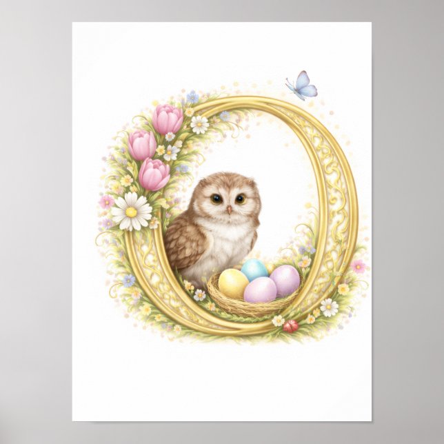 Póster Letter O Gold Spring Nature Monogram Owl Kids (Frente)