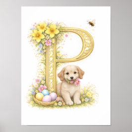 Póster Letter P Gold Spring Nature Monogram Kids Puppy