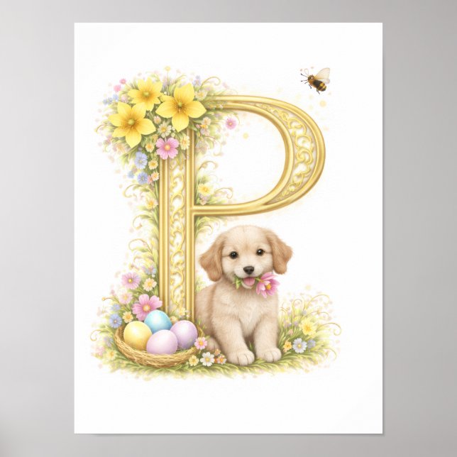 Póster Letter P Gold Spring Nature Monogram Kids Puppy  (Frente)