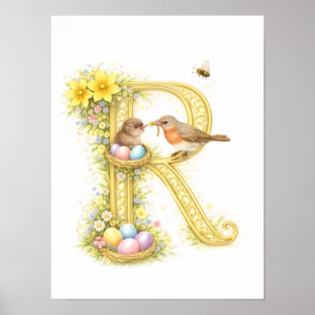 Póster Letter R Gold Spring Nature Monogram Robins Kids  (Frente)