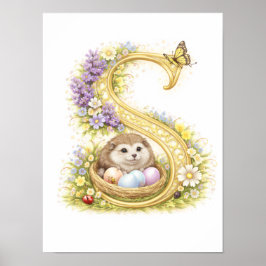 Póster Letter S Gold Spring Nature Monogram Hedgehog Kids