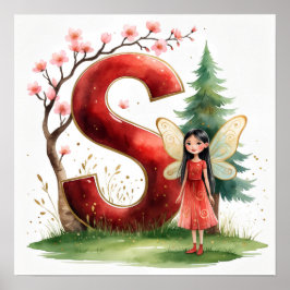Póster Letter S Seasonal Fairy Poster Cherry Blossom Art