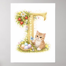 Póster Letter T Gold Spring Nature Monogram Kitten Kids