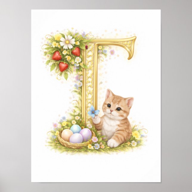 Póster Letter T Gold Spring Nature Monogram Kitten Kids  (Frente)