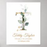 Póster Letter T green & gold foliage Baby Birth Poster<br><div class="desc">Elegant Letter T Baby Birth Poster featuring an illustration of green and golden foliage in watercolor style. Perfect for a baby nursery or child's bedroom.</div>